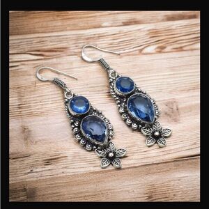 Blue Topaz Handcrafted Long Drop Dangle Earrings 2.08" Made In India New W Tags